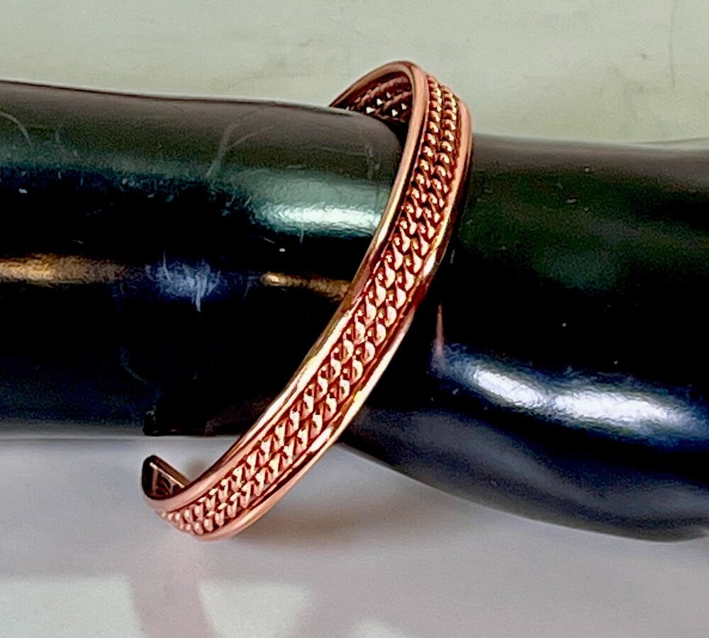 Navajo Copper Cuff Bracelet Handmade Braided Stamped Design 18.5g- Elaine Tahe